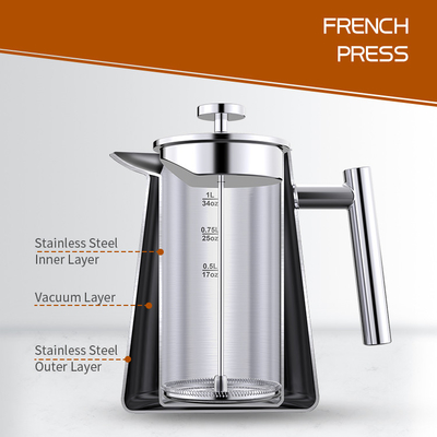 Kolben-Kaffee-Topf-Vakuum 13.4*20.5cm des Edelstahl-1000ml/34oz